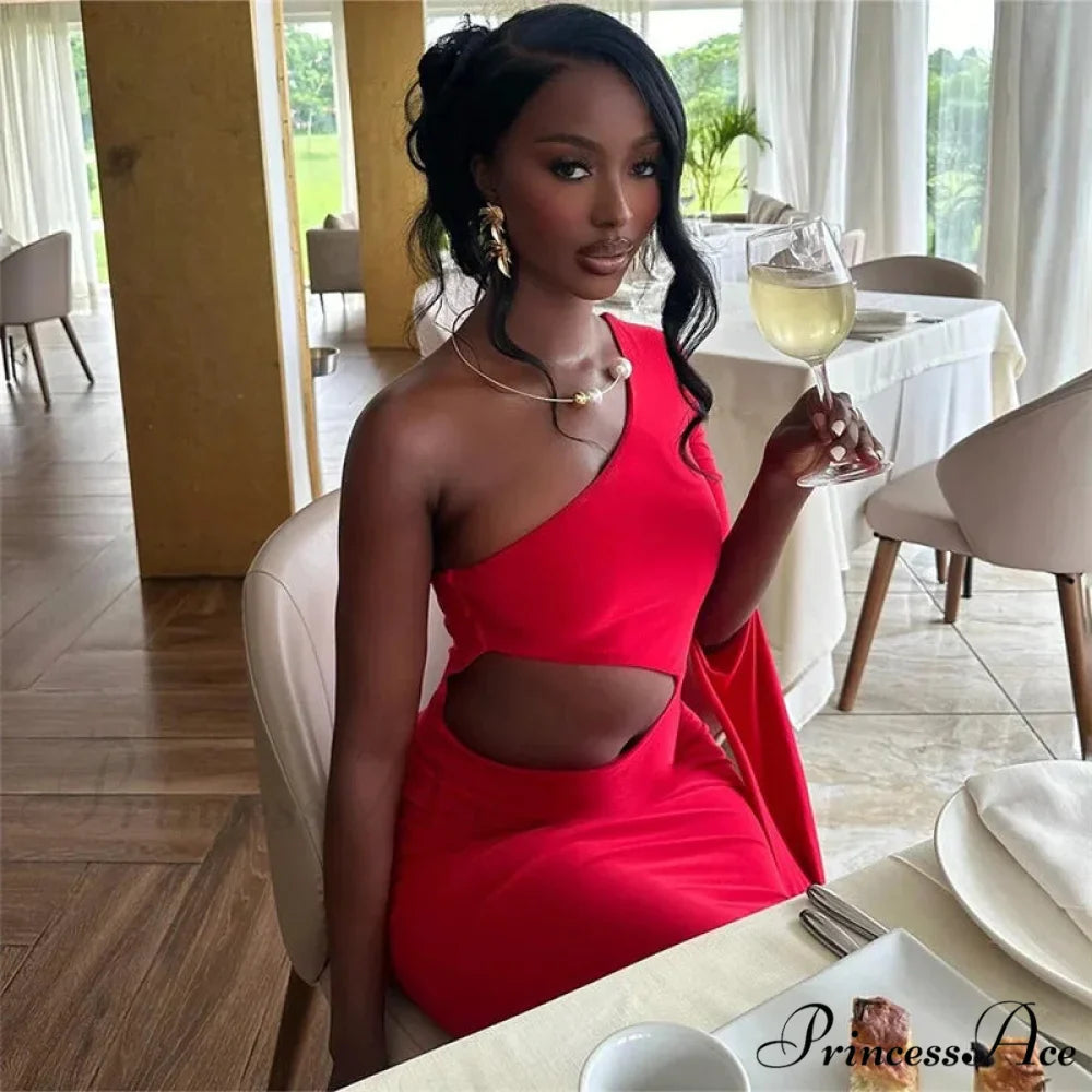 Trendy Incline Shoulder Hollow Maxi Dress for Christmas Party