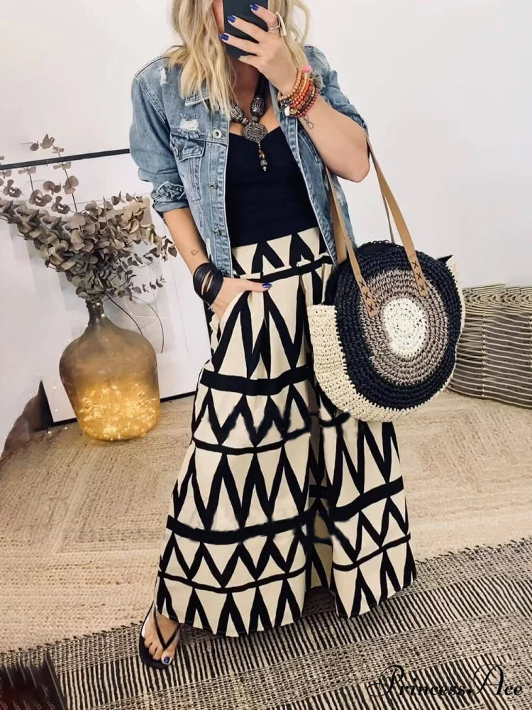 Triangle Printed Back Waist Graceful Elasticated Pocket Maxi Skirt