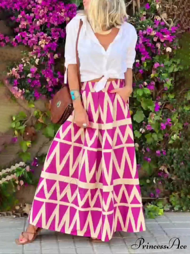 Triangle Printed Back Waist Graceful Elasticated Pocket Maxi Skirt
