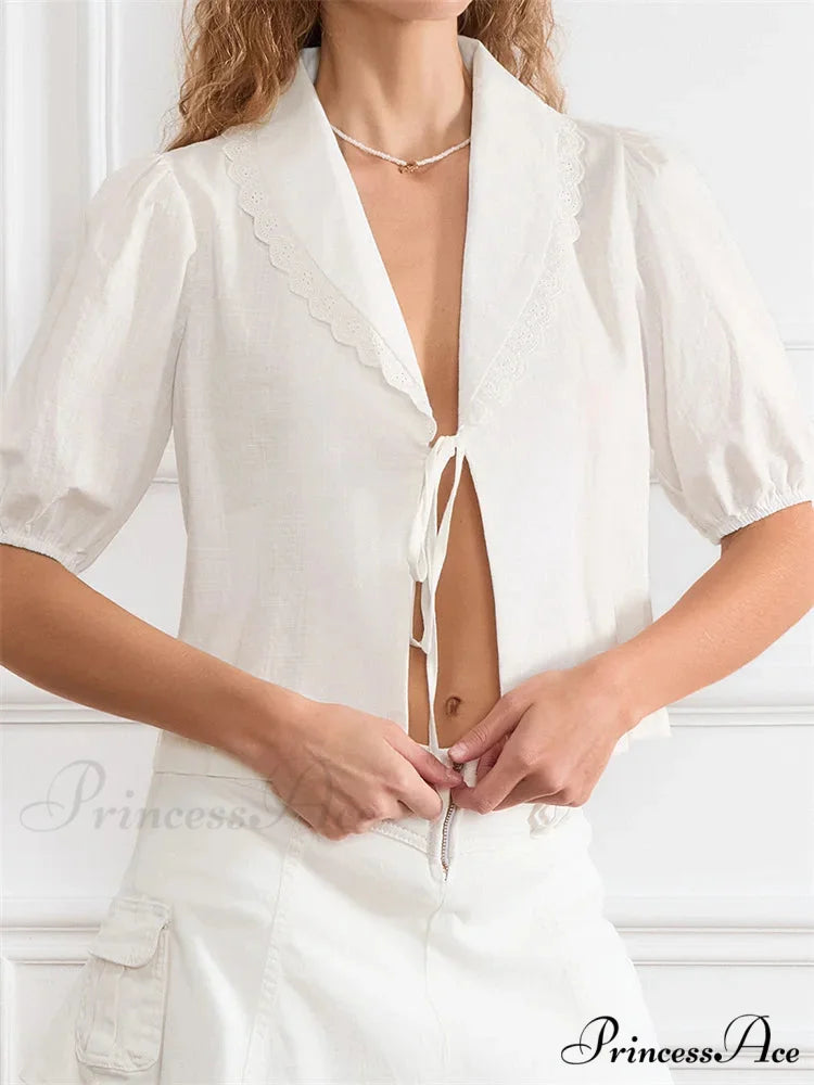 Trim Front Bind-Up V-neck Blouse