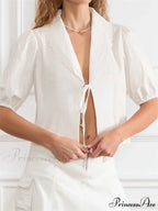 Trim Front Bind-Up V-neck Blouse