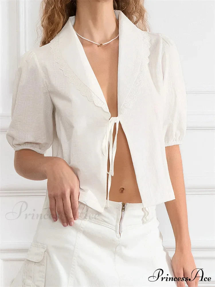 Trim Front Bind-Up V-neck Blouse