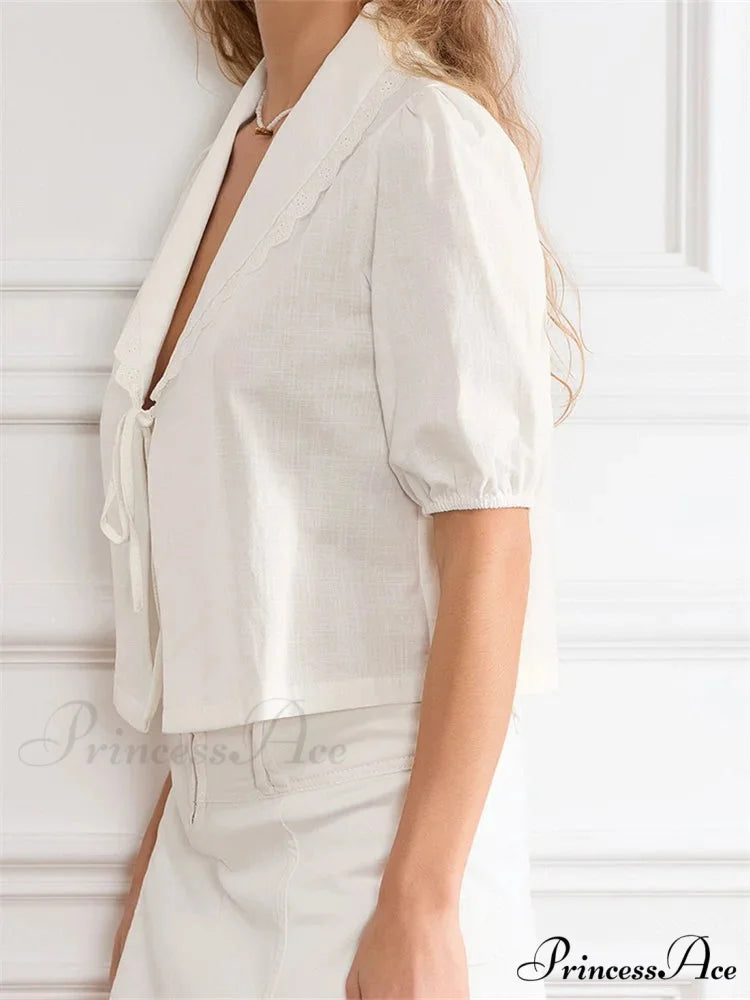 Trim Front Bind-Up V-neck Blouse