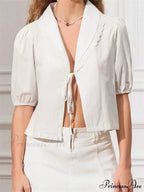 Trim Front Bind-Up V-neck Blouse