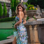 Trim Thin Strap Embroidered Opening Prom Dress