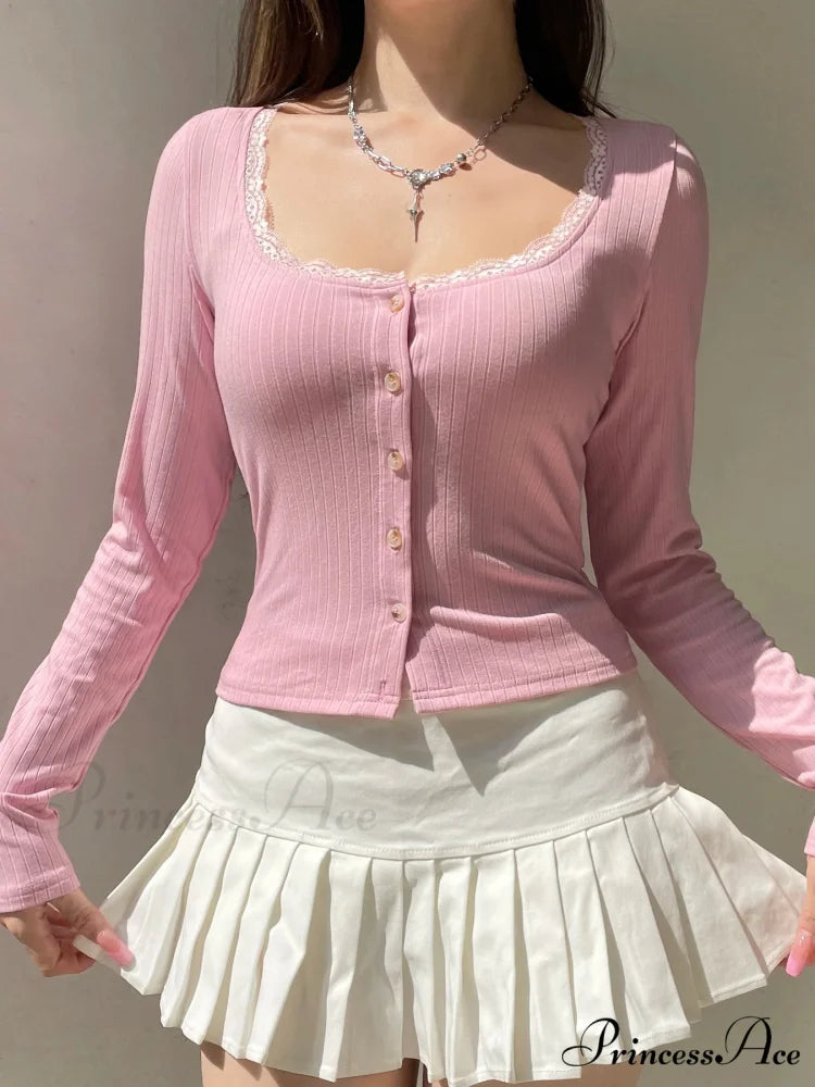 Trimmed Cropped Sleek Square Collar Long Sleeve Knit Top