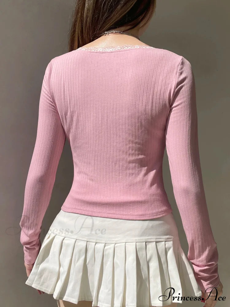 Trimmed Cropped Sleek Square Collar Long Sleeve Knit Top