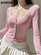 Trimmed Cropped Sleek Square Collar Long Sleeve Knit Top