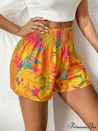 Tropical Print Shirred Waist Shorts