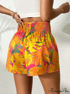 Tropical Print Shirred Waist Shorts