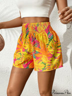 Tropical Print Shirred Waist Shorts