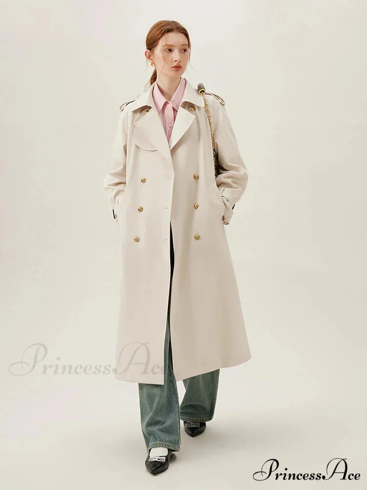 Turn-down Collar Double Breasted Office Lady Long Light Khaki Spring New Elegant Chic Coat