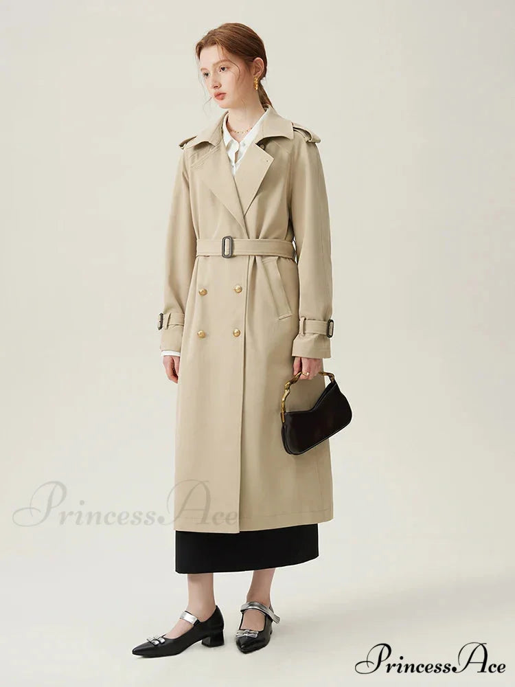 Turn-down Collar Double Breasted Office Lady Long Light Khaki Spring New Elegant Chic Coat