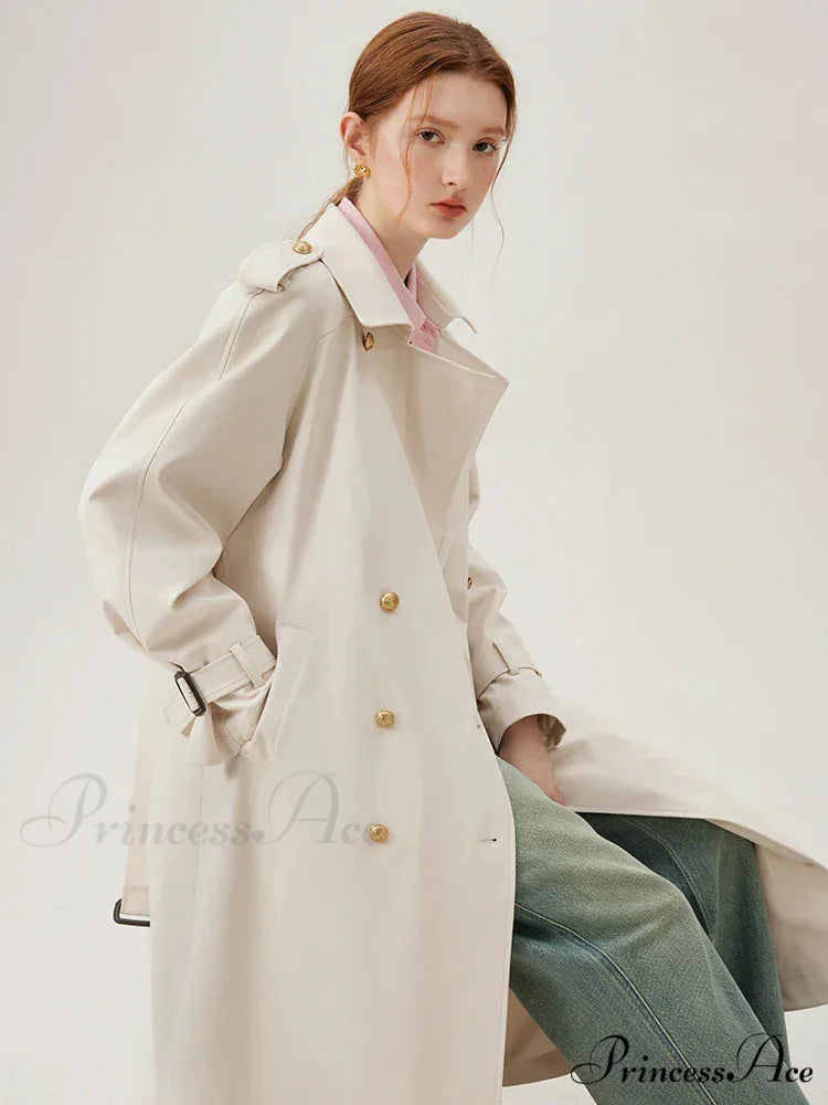 Turn-down Collar Double Breasted Office Lady Long Light Khaki Spring New Elegant Chic Coat