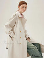 Turn-down Collar Double Breasted Office Lady Long Light Khaki Spring New Elegant Chic Coat