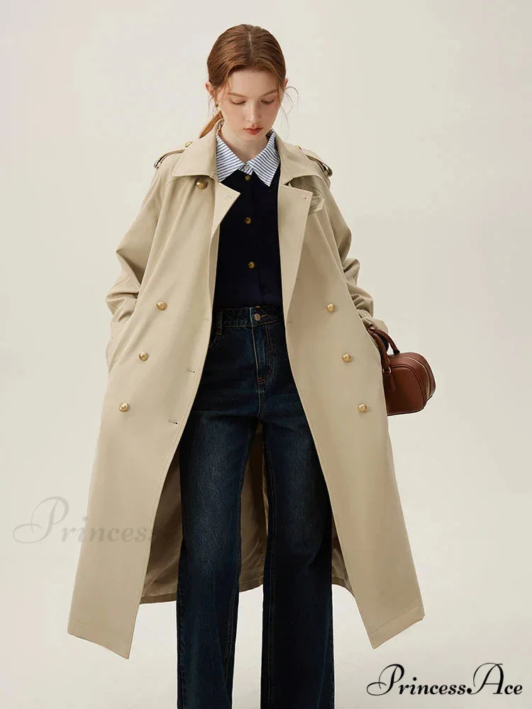 Turn-down Collar Double Breasted Office Lady Long Light Khaki Spring New Elegant Chic Coat