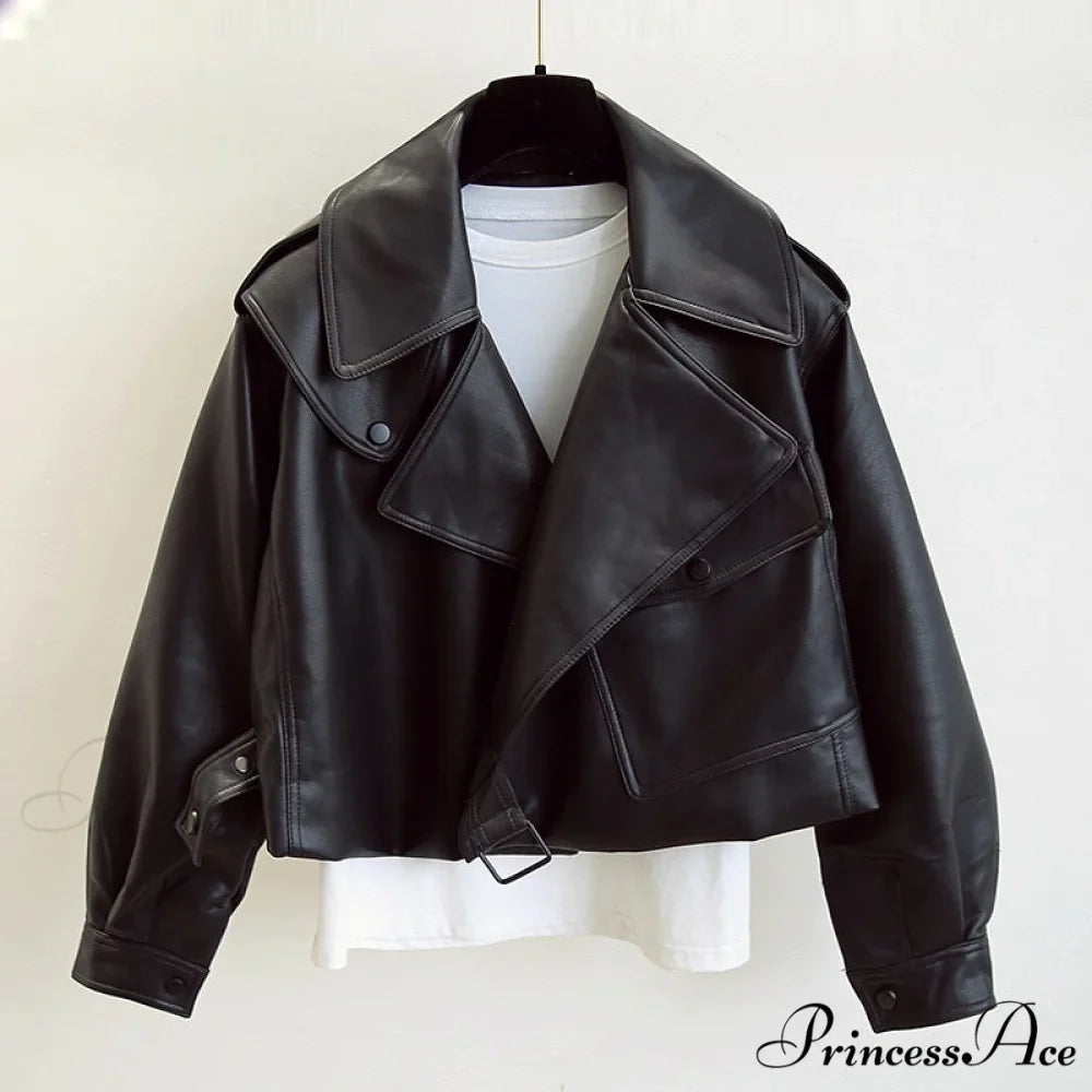 Turndown Collar PU Motorcycle Loose Streetwear Coat