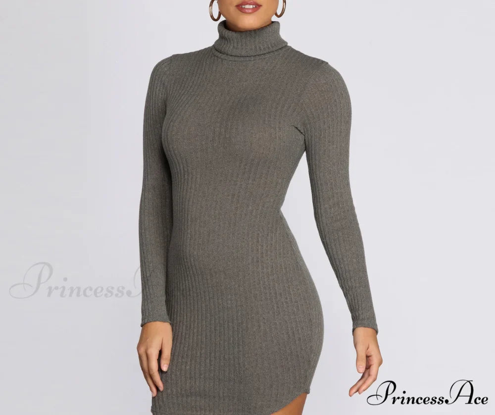 Turtleneck Long Sleeve Charming Ribbed Knit Mini Dress