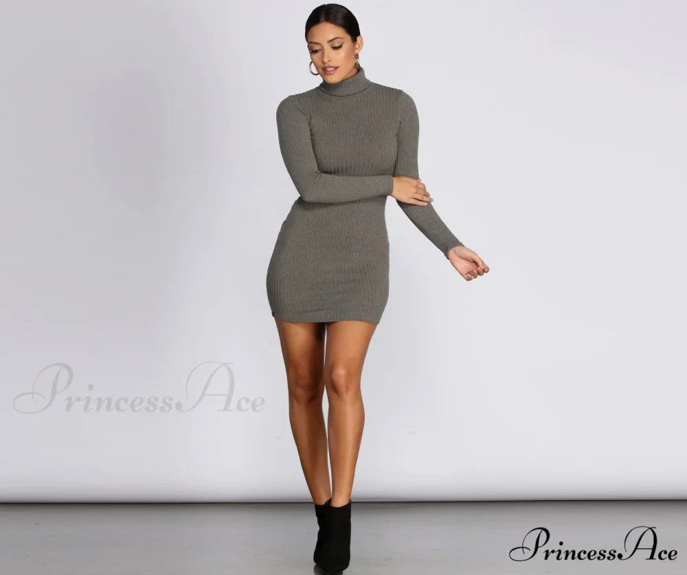 Turtleneck Long Sleeve Charming Ribbed Knit Mini Dress