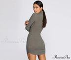 Turtleneck Long Sleeve Charming Ribbed Knit Mini Dress
