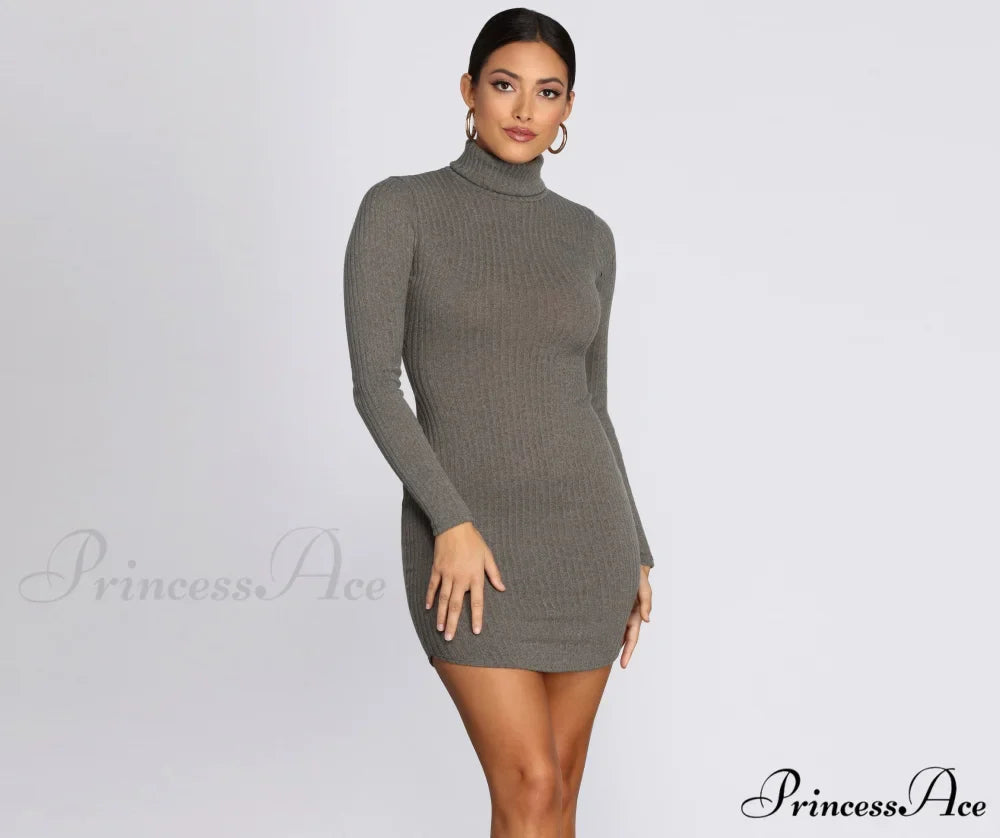Turtleneck Long Sleeve Charming Ribbed Knit Mini Dress