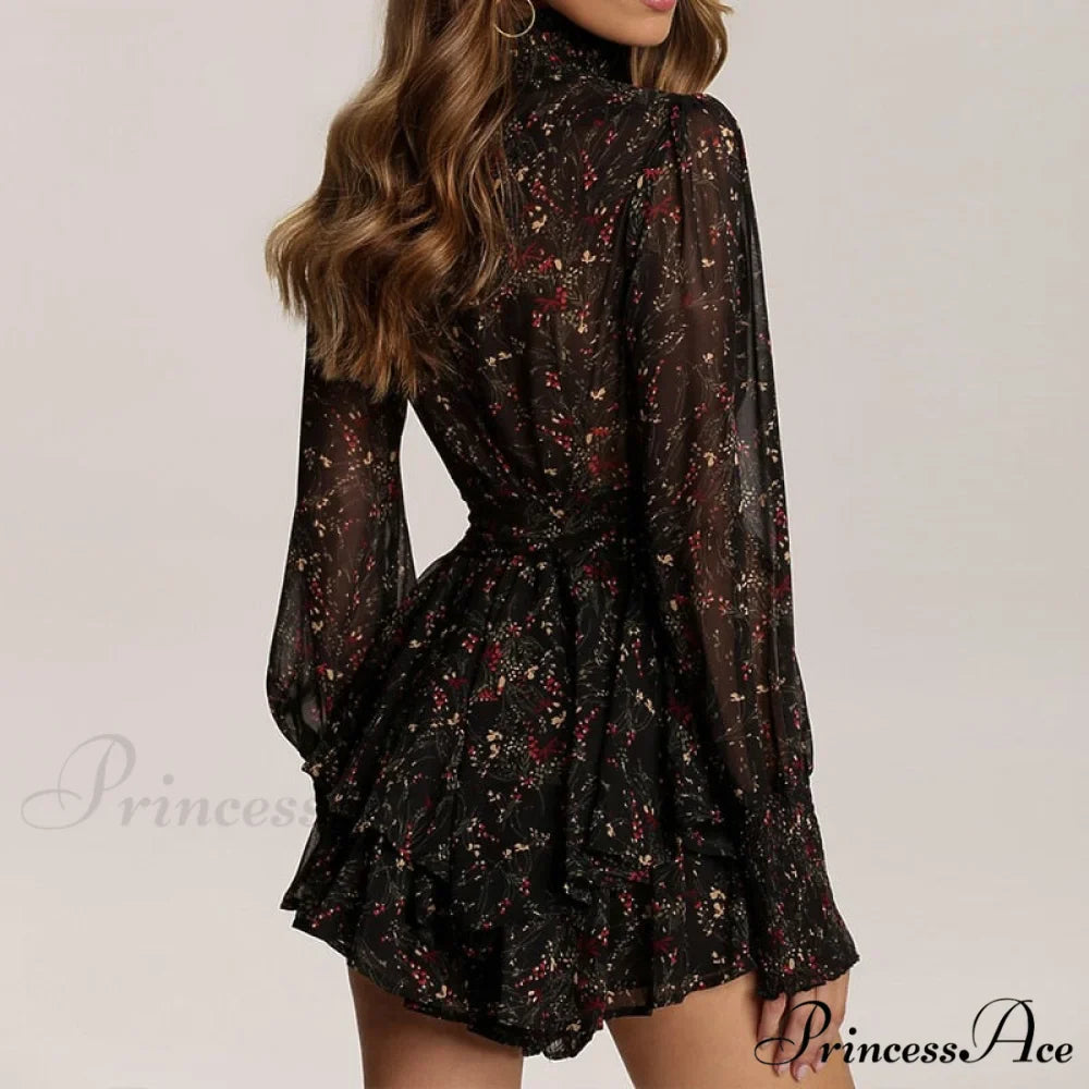 Turtleneck Long Sleeve Chiffon A Line Dress