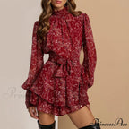 Turtleneck Long Sleeve Chiffon A Line Dress