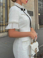 Tweed Pearl Trim Bow Graceful Design Formal Midi Dress