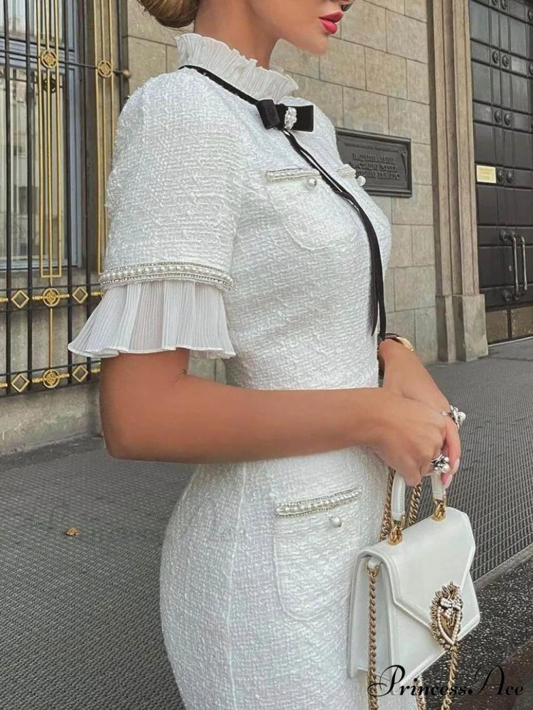 Tweed Pearl Trim Bow Graceful Design Formal Midi Dress