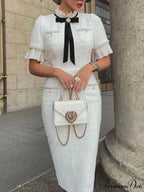 Tweed Pearl Trim Bow Graceful Design Formal Midi Dress