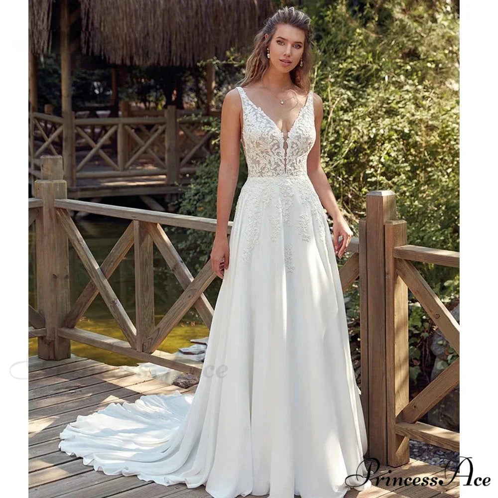 Twin Band Plunging Neckline Lace Bridal Gown