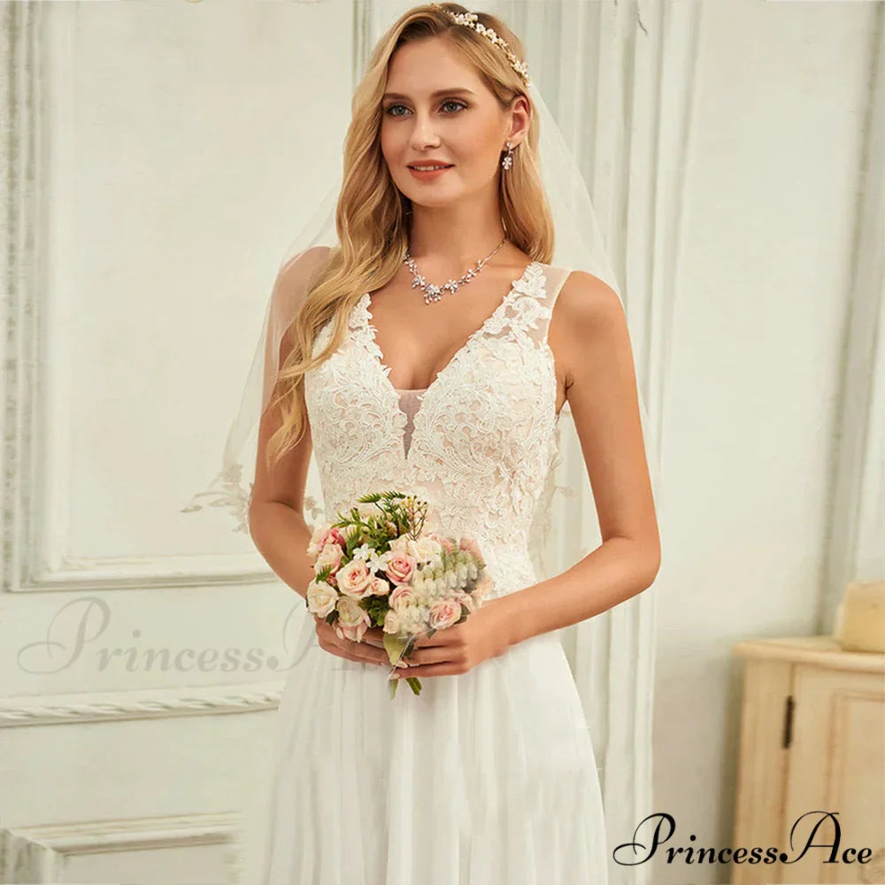 Twin Band Plunging Neckline Lace Bridal Gown