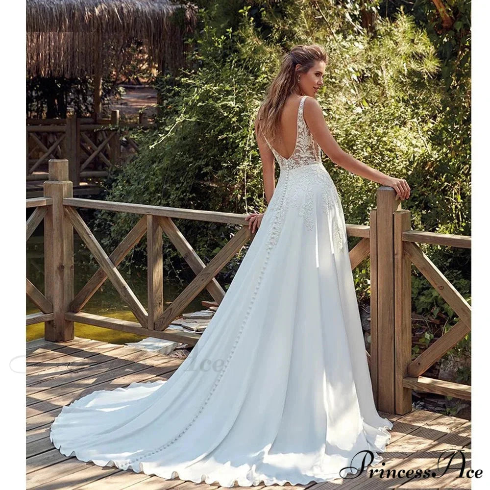 Twin Band Plunging Neckline Lace Bridal Gown