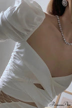 Twist-front Cutout Dress with Puff Sleeves