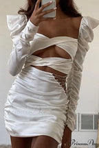 Twist-front Cutout Dress with Puff Sleeves