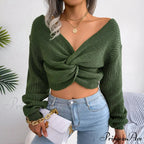 Twist Front Deep Neck Crop Sweater