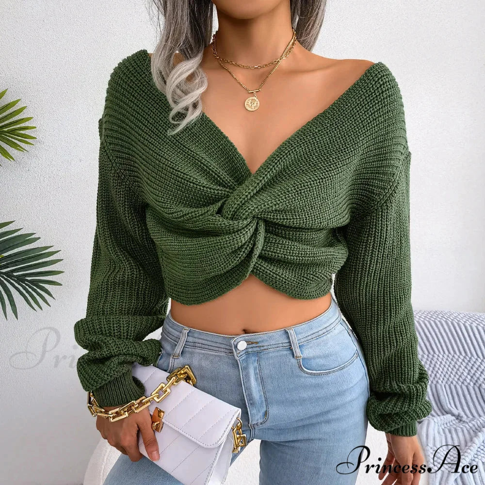 Twist Front Deep Neck Crop Sweater