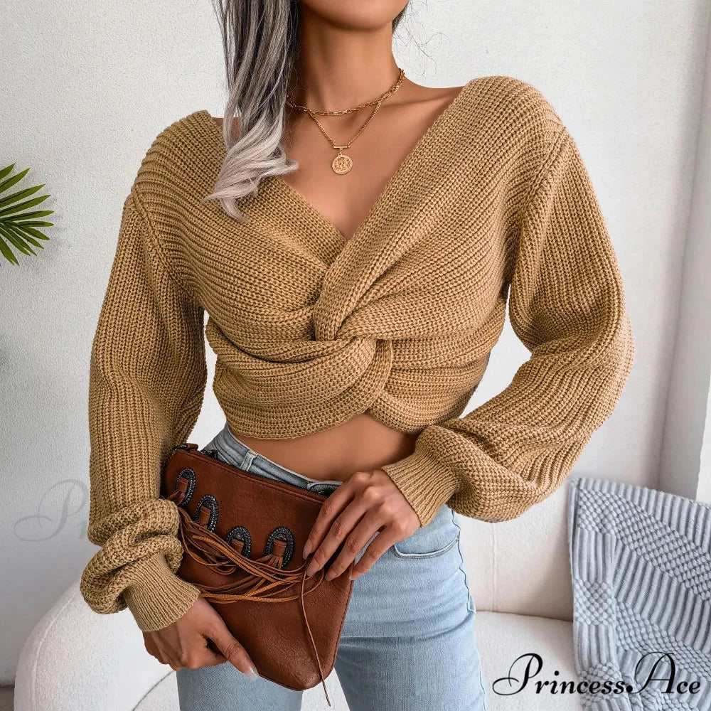 Twist Front Deep Neck Crop Sweater