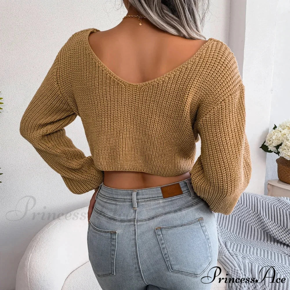 Twist Front Deep Neck Crop Sweater