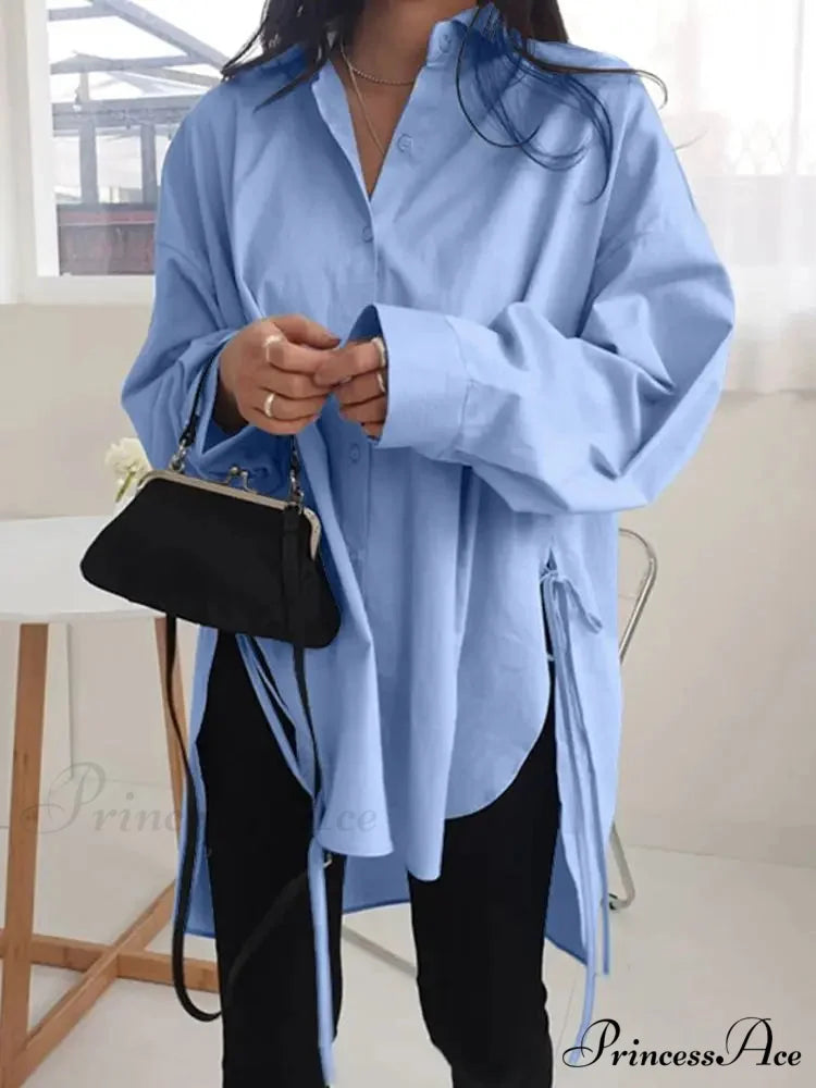 Uneven Lace-Up Button Lapel Blouse