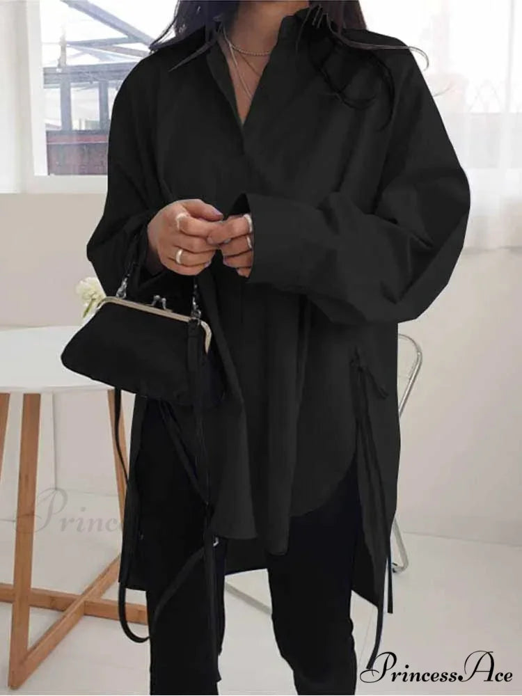 Uneven Lace-Up Button Lapel Blouse