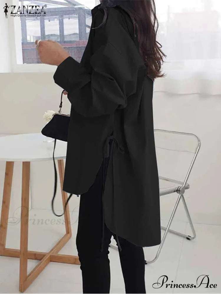 Uneven Lace-Up Button Lapel Blouse