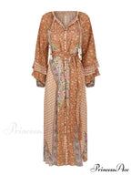 Unique Bohemian Print Long Graceful Sleeve Robe Midi Dress