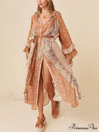 Unique Bohemian Print Long Graceful Sleeve Robe Midi Dress