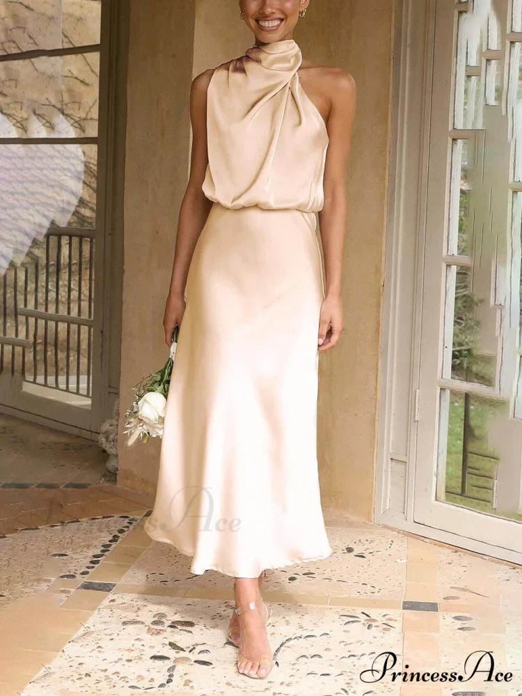 Unique Bridesmaid Sleeveless Charming High Neck Midi Dresses