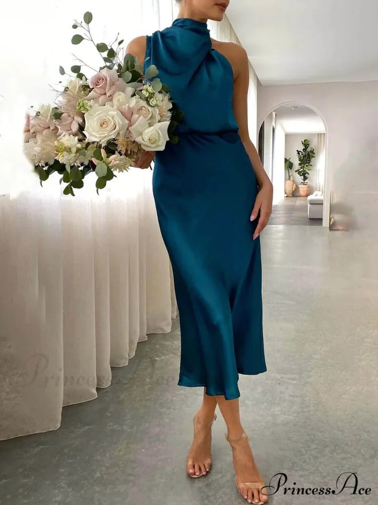 Unique Bridesmaid Sleeveless Charming High Neck Midi Dresses