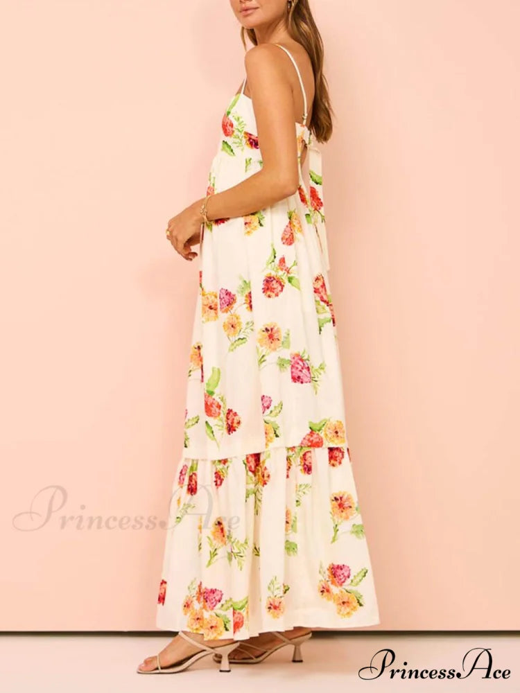 Unique Floral Print Halter Graceful Backless Extra Maxi Dress
