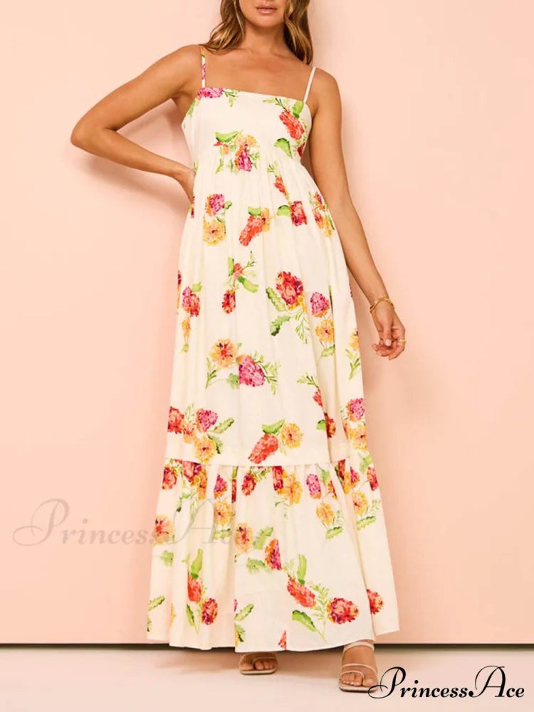 Unique Floral Print Halter Graceful Backless Extra Maxi Dress