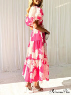 Unique Floral Print Patchwork Graceful Up Pleated Maxi Dress