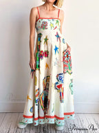 Unique Graffiti Print Suspenders Graceful Long Swing Midi Dress